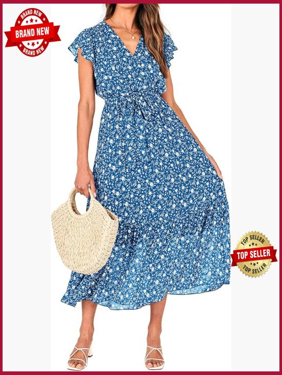 Dresses & Skirts - Bohemian Wrap V Neck Ruffle Sleeveless Midi Dress